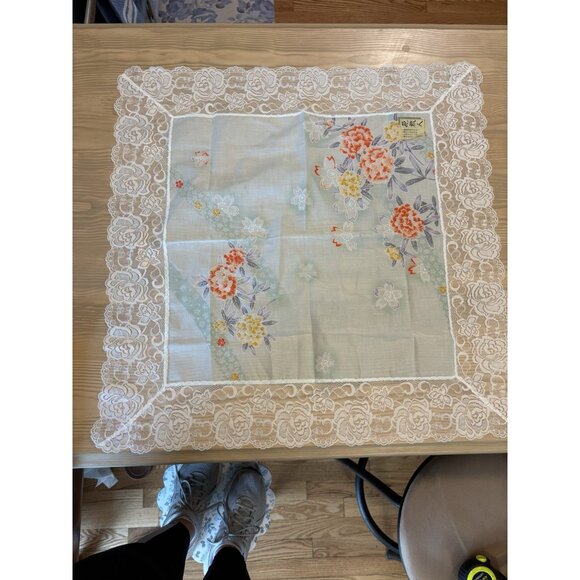 Vintage Japanese Kimono Scarf Kerchief Floral Lace Blue Hydrangea Gift Beautiful - Picture 5 of 12
